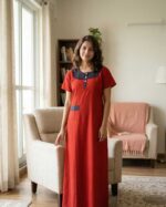 Comfortable Churidar Model Cotton Nighty, 55 Inches Long - Red - Image 2