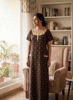 Comfortable Churidar Model Cotton Nighty, 55 Inches Long- Brown - Image 2