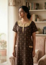 Comfortable Churidar Model Cotton Nighty, 55 Inches Long- Brown - Image 3