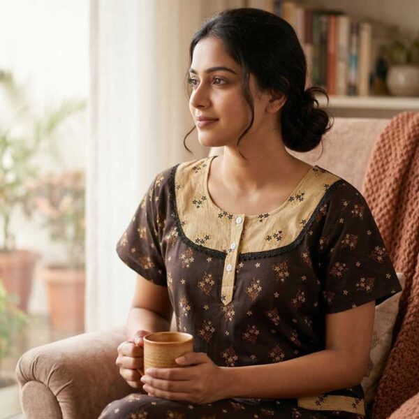 Comfortable Churidar Model Cotton Nighty, 55 Inches Long- Brown