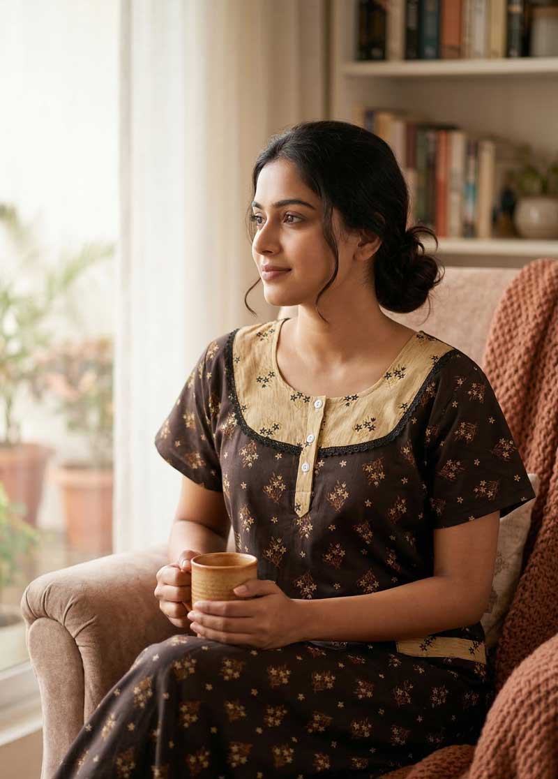 27d Comfortable Churidar Model Cotton Nighty, 55 Inches Long- Brown - Image 1