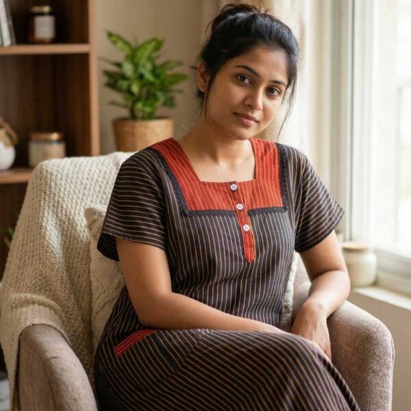 Comfortable Churidar Model Cotton Nighty, 55 Inches Long - Black