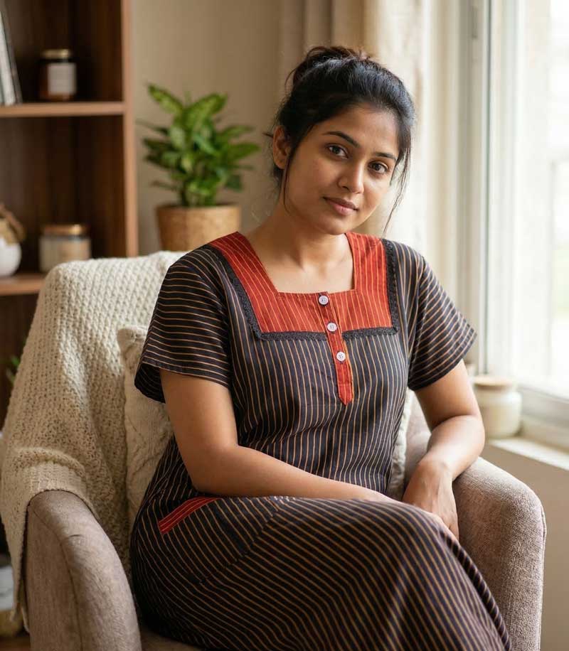 28b Comfortable Churidar Model Cotton Nighty, 55 Inches Long - Black - Image 1