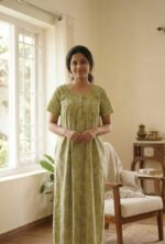 Front Open Fabric Cotton Nighty With Buttons, 55 Inches Long - Green - Image 3