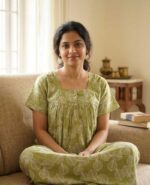 Front Open Fabric Cotton Nighty With Buttons, 55 Inches Long - Green