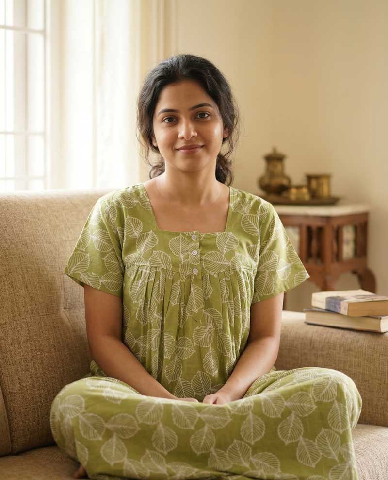 29c Front Open Fabric Cotton Nighty With Buttons, 55 Inches Long - Green - Image 1