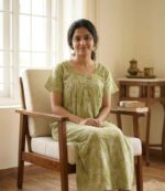 Front Open Fabric Cotton Nighty With Buttons, 55 Inches Long - Green - Image 2