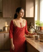 Comfortable Churidar Model Cotton Nighty, 55 Inches Long, 3/4th Sleeves, Hacoba Yoke - Red - Image 2