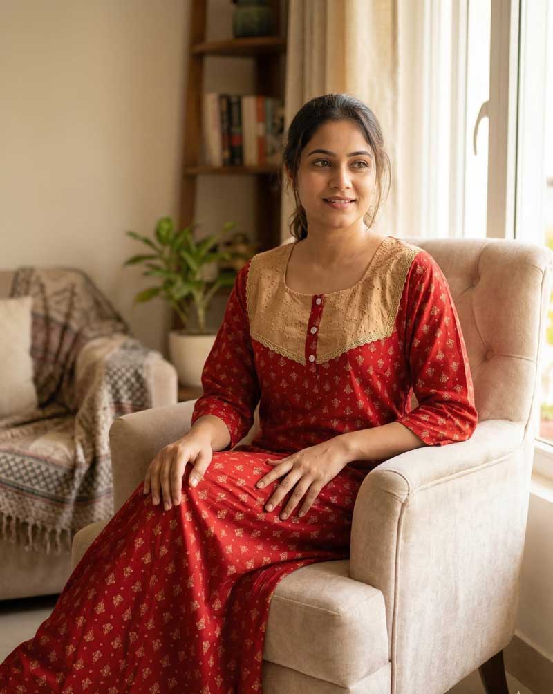 2b Comfortable Churidar Model Cotton Nighty, 55 Inches Long, 3/4th Sleeves, Hacoba Yoke - Red - Image 1