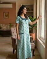 Comfortable Churidar Model Cotton Nighty, 55 Inches Long - Light Green - Image 2