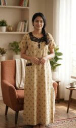 Comfortable Churidar Model Cotton Nighty, 55 Inches Long - Yellow - Image 2