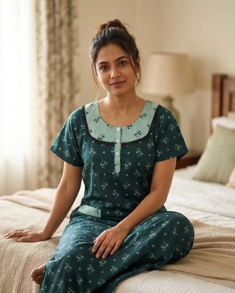 34a Comfortable Churidar Model Cotton Nighty, 55 Inches Long - Green - Image 1