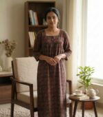 Comfortable Churidar Model Cotton Ajrak Nighty, 55 Inches Long, 3/4th Sleeves - Black + Red - Image 2