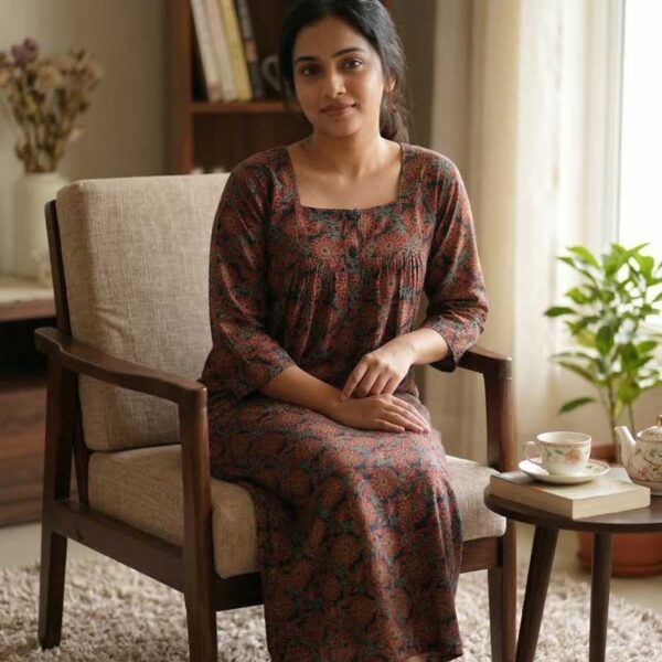 Comfortable Churidar Model Cotton Ajrak Nighty, 55 Inches Long, 3/4th Sleeves - Black + Red