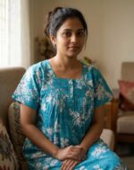 Front Open Cotton Nighty With Buttons, 55 Inches Long - Blue