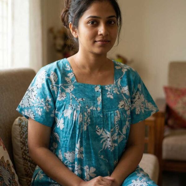 Front Open Cotton Nighty With Buttons, 55 Inches Long - Blue