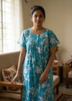 Front Open Cotton Nighty With Buttons, 55 Inches Long - Blue - Image 2