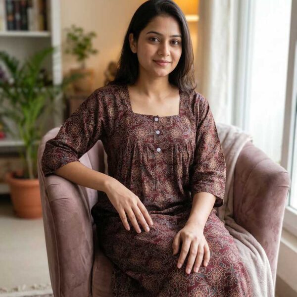 Comfortable Churidar Model Ajrakh Nighty, 55 Inches Long, 3/4th Sleeves - Maroon