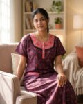 Comfortable Churidar Model Cotton Nighty, 55 Inches Long - Purple