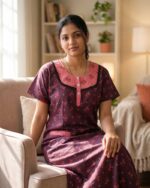 Comfortable Churidar Model Cotton Nighty, 55 Inches Long - Purple