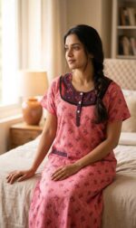 Comfortable Churidar Model Cotton Nighty, 55 Inches Long - Peach