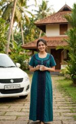 Comfortable Churidar Model Cotton Nighty, 55 Inches Long - Blue + Green - Image 2