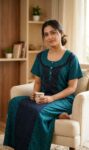 Comfortable Churidar Model Cotton Nighty, 55 Inches Long - Blue + Green