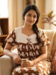 Traditional Cotton Nighty, 55 Inches Length, Hacoba Yoke - Brown