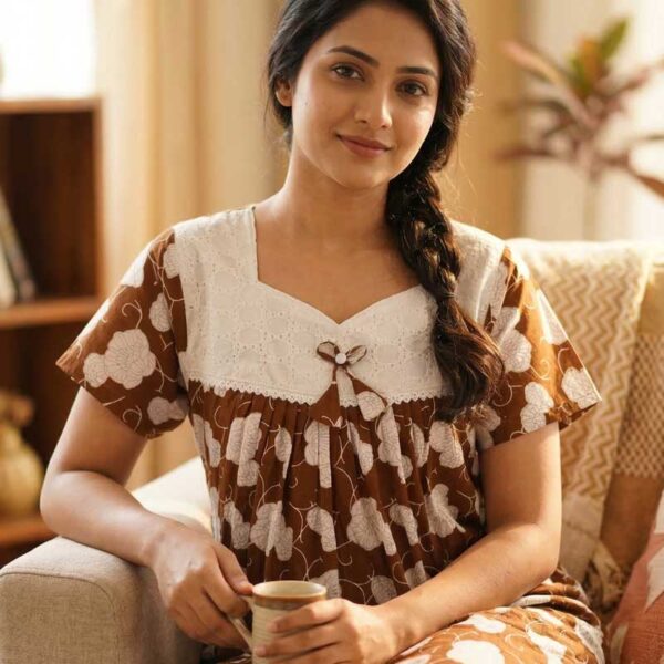 Traditional Cotton Nighty, 55 Inches Length, Hacoba Yoke - Brown