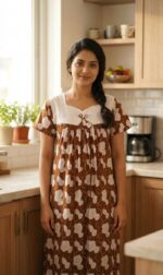 Traditional Cotton Nighty, 55 Inches Length, Hacoba Yoke - Brown - Image 2