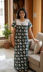 Traditional Cotton Nighty, 55 Inches Length, Hacoba Yoke - Green - Image 2