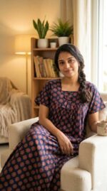 Traditional Cotton Nighty, 55 Inches Length - Bark Blue