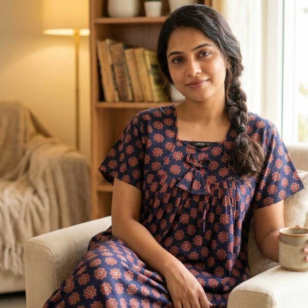 Traditional Cotton Nighty, 55 Inches Length - Bark Blue