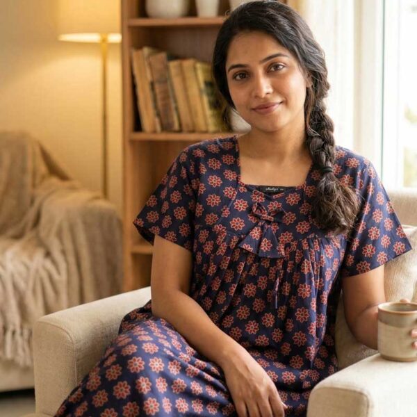 Traditional Cotton Nighty, 55 Inches Length - Dark Blue