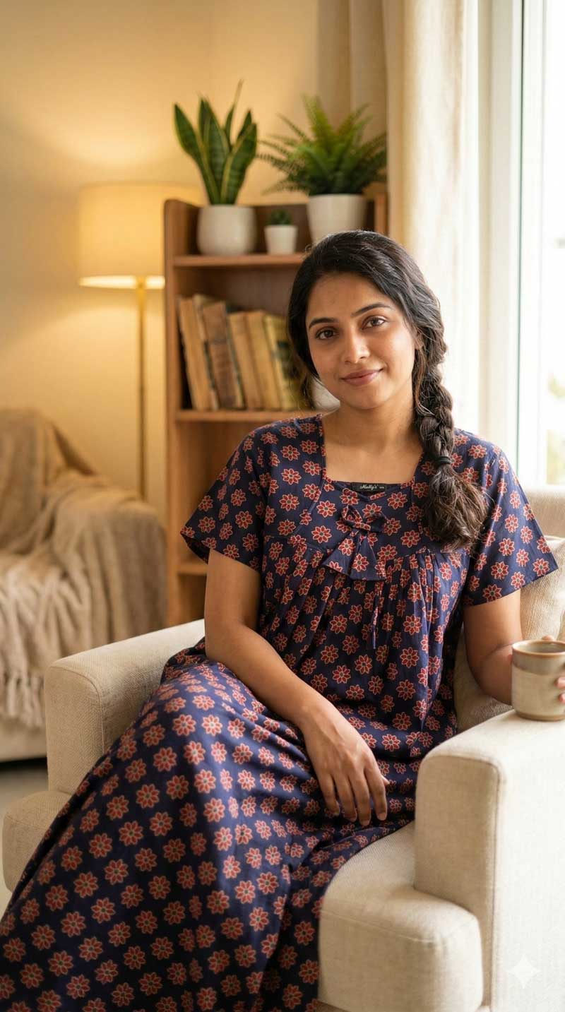 A1 Traditional Cotton Nighty, 55 Inches Length - Bark Blue - Image 1