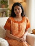 Comfortable Churidar Model Cotton Nighty, 55 Inches Long - Orange