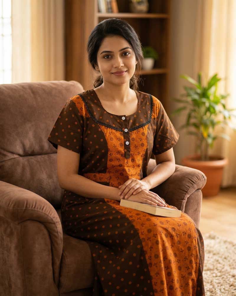 A1 Comfortable Churidar Model Cotton Nighty, 55 Inches Long - Orange + Brown - Image 1