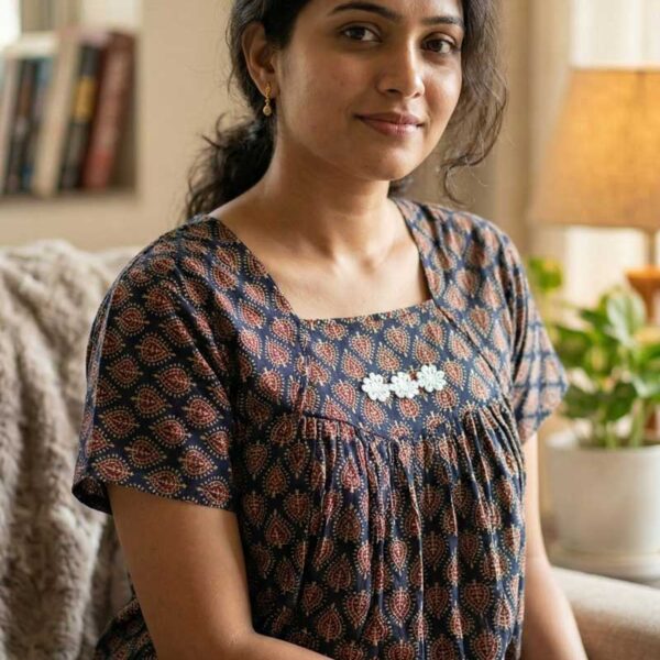 Traditional Ajrakh Nighty, 55 Inches Length - Blue