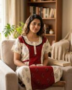 Comfortable Churidar Model Cotton Nighty, 55 Inches Long - Red + White