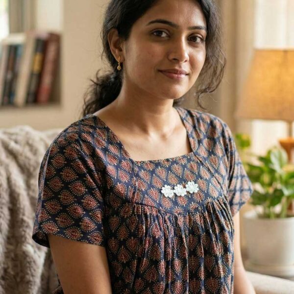 Traditional Ajrakh Nighty, 55 Inches Length - Blue