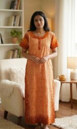 Comfortable Churidar Model Cotton Nighty, 55 Inches Long - Orange - Image 2