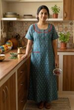 Comfortable Churidar Model Cotton Nighty, 55 Inches Long - Blue - Image 2