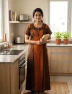 Comfortable Churidar Model Cotton Nighty, 55 Inches Long - Orange + Brown - Image 2