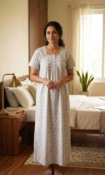 Front Open Cotton Nighty With Zip, 55 Inches - White - Image 2