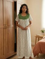 Front Open Cotton Nighty With Buttons, 55 Inches - White + Green - Image 2