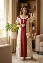 Comfortable Churidar Model Cotton Nighty, 55 Inches Long - Red + White - Image 2