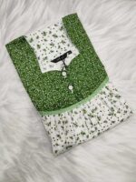 Front Open Cotton Nighty With Buttons, 55 Inches - White + Green - Image 3