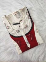 Comfortable Churidar Model Cotton Nighty, 55 Inches Long - Red + White - Image 3