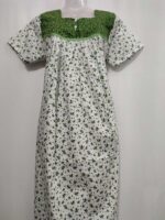 Front Open Cotton Nighty With Buttons, 55 Inches - White + Green - Image 4