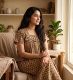 Traditional Cotton Nighty, 55 Inches Length - Golden Yellow + Violet